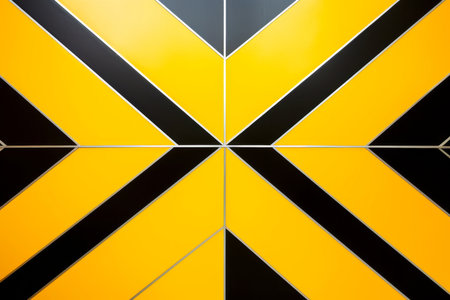 Close-up of yellow and black metallic wall with diagonal striped warning sign, showcasing chevron pattern and intersecting X stripes, Generative AIの素材