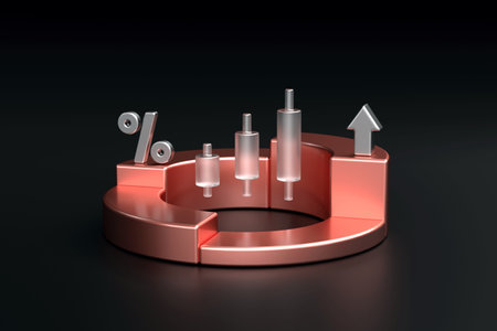 Metallic rose gold and silver financial concept with circular graph, candlesticks, percent symbol, and upward arrow on sleek black background, 3d renderingの写真素材