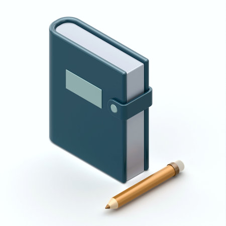Minimalist closed notebook with strap and metallic plate on the cover, accompanied by gold pencil, placed on clean white background, 3d renderingの写真素材