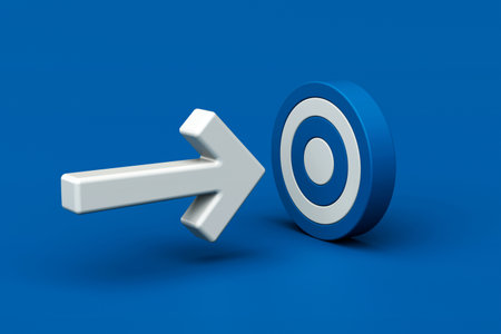 3D minimal white arrow pointing toward blue target, symbolizing goal achievement, strategy, focus,...