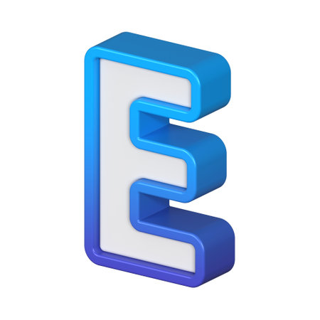 Isometric view of bold Letter E, stands out with its striking blue and white gradient, ready for visual communication, emphasizing clarity and modern feel, 3d renderingの写真素材