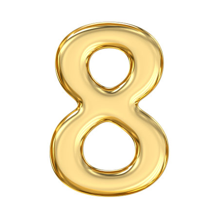 Golden Number 8, pristine, glossy golden number eight glows with power and abundance, symbolizing infinity and refined balance in golden brilliance, 3d renderingの写真素材