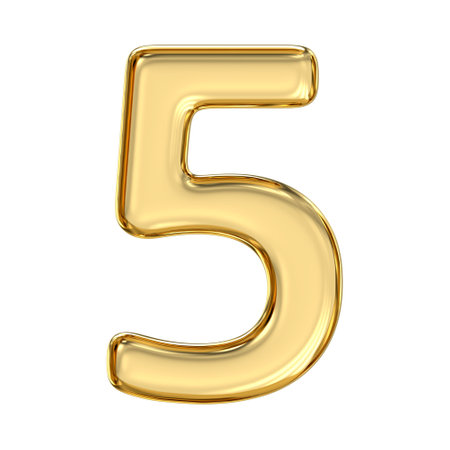 Golden Number 5, pristine, glossy golden number five sparkles with dynamic energy, capturing adventure, freedom, and bold elegance in radiant, 3d renderingの写真素材