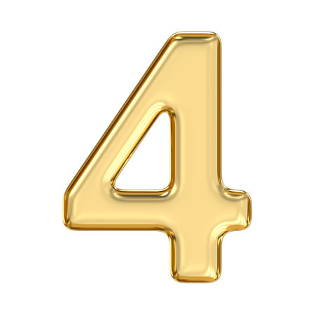 Golden Number 4, pristine, glossy golden number four glows with strength and structure, embodying stability and grounded elegance, 3d renderingの写真素材