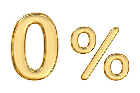 Golden Zero Percent Symbol, gleaming golden zero percent symbol against a neutral background. This image symbolizes the concept of zero in clear, 3d renderingの写真素材