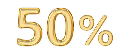 Golden Fifty Percent, luminous, golden representation of the numerical symbol 50%, signifying significant discount or rate, 3d renderingの写真素材