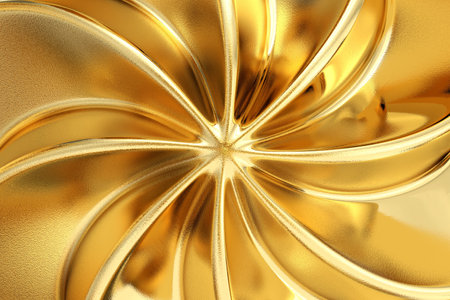 Abstract gold metallic swirl pattern resembling flower or starburst, featuring reflective highlights and luxurious finish, 3d renderingの写真素材