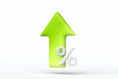 Green upward arrow with percent symbol, representing growth, profit increase, interest rate, or financial performance improvement, 3d renderingの写真素材
