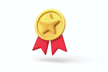 Gold star medal with red ribbon, representing achievement, reward, recognition, excellence, or first place in competition, 3d renderingの写真素材