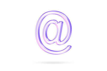 At sign web symbol in purple glassy style, used to represent email, internet communication, online identity, and digital connectivity, 3d renderingの写真素材