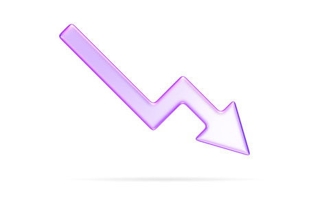 Purple glassmorphism downward arrow chart icon, representing business loss, market drop, or negative metrics, 3d renderingの写真素材