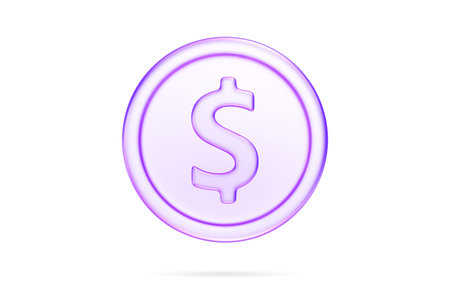 Purple glassmorphism coin icon with dollar sign, perfect for concepts of currency, pricing, or saving money, 3d renderingの写真素材