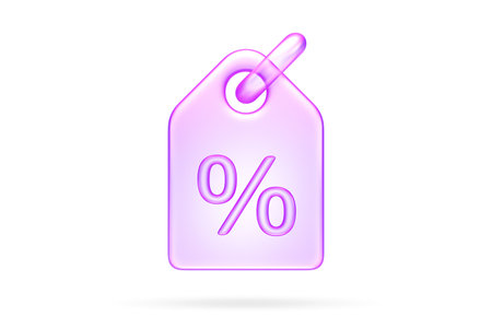 3D discount tag icon in purple translucent glass style, representing sale, offer, promotion, or price reductionの写真素材