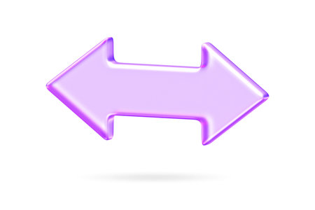3D glassmorphism double horizontal arrow in purple gradient style. Futuristic and glossy symbol for navigation, orientation, and digital interface designの写真素材