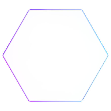 3D glassmorphism hexagon border in purple blue gradient. Futuristic glossy geometric symbol for digital design and abstract decorationの写真素材