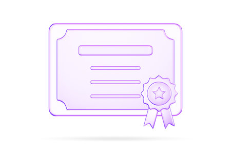 3D glassmorphism certificate icon with ribbon. Glossy minimal symbol representing achievement,...