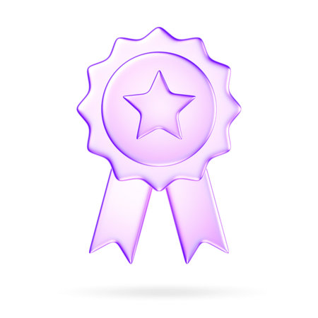 3D glassmorphism ribbon badge icon with star. Glossy purple minimal style representing reward, achievement, and excellenceの写真素材