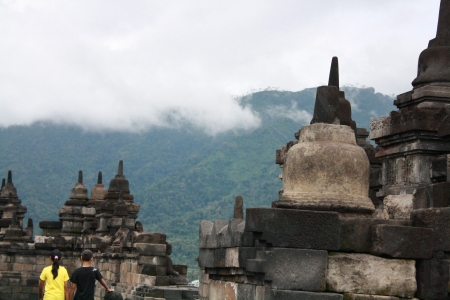 Bandung Prambanan Temple overlooking the mountain and cloudy skyの写真素材