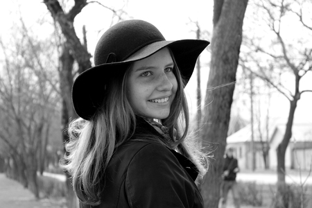 girl in black hatの写真素材