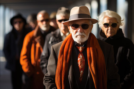 Elderly elegance on display: serious men and women grace the street, embodying timeless style and dignified presenceの素材