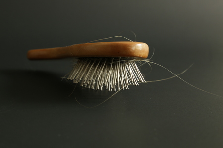 Bunch of hair on hair brush black backgroundの写真素材