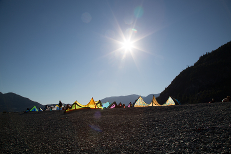 Kites surfers camping beach sunny day copy space の写真素材