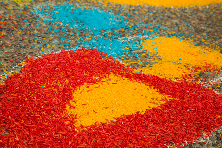 Art craft  raw rice grains asphalt red yellow blue stripes concept creativityの写真素材