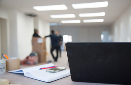 Modern office concept business teamwork  laptop cellphone notebook group people meeting copy spaceの写真素材