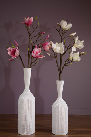 Two vases magnolia branches pink white flowersの写真素材