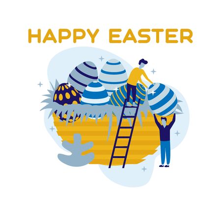 Happy easter, flat design illustration, landing page, people and easter eggs.のイラスト素材