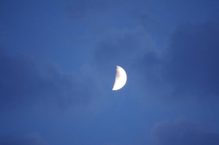 The moon behind the clouds in the evening sky