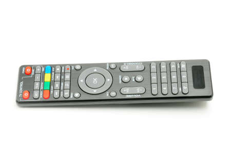 Remote control for digital TV tuners, music players, and disk drives on an isolated white background