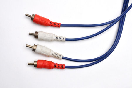 Stereo analog cable with tulip RCA jack standard plug on isolated white background
