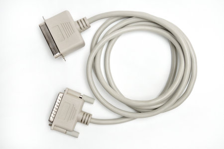 LPT parallel port cable and plug on isolated white background