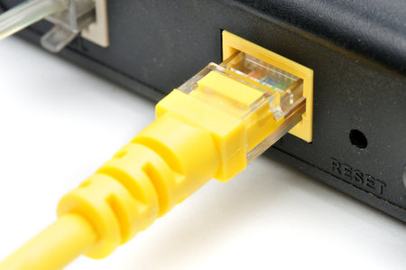 LAN cable with Registered Jack RJ45 plug on isolated white background