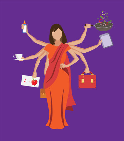Indian Multitasking woman balancing life with multiple hands vector illustration.のイラスト素材