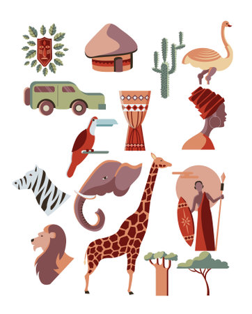 African tribal and wildlife element vector illustrationのイラスト素材