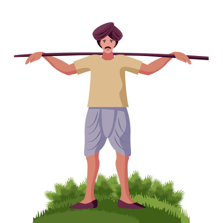 indian farmer, shepherd man with stick isolated vector illustrationのイラスト素材