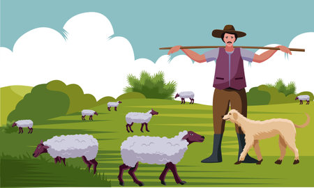 Shepherd with stick and dogs herding sheep vector illustrationのイラスト素材