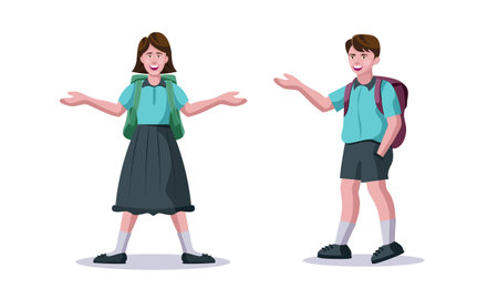 school boy and girl standing in uniform isolated vector illustrationのイラスト素材