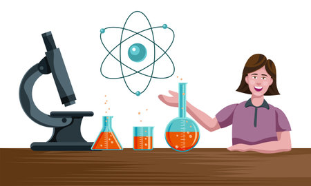 girl in science school laboratory, education concept vector illustrationのイラスト素材