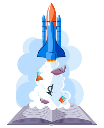 education startup, rocket launch from book vector illustrationのイラスト素材