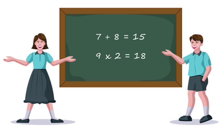 boy and girl, kids, standing in front of board vector illustrationのイラスト素材
