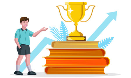 growth and education concept, boy standing with books and trophy vector illustrationのイラスト素材