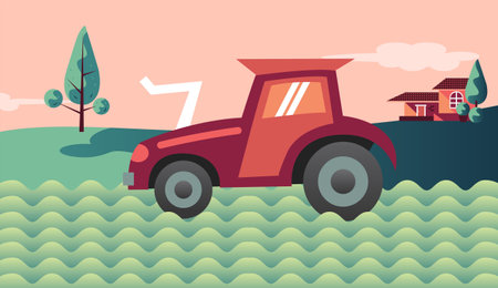 tractor in farm with home in background ploughingのイラスト素材