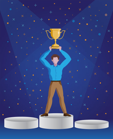 man raising trophy over head as a winner in spotlightのイラスト素材