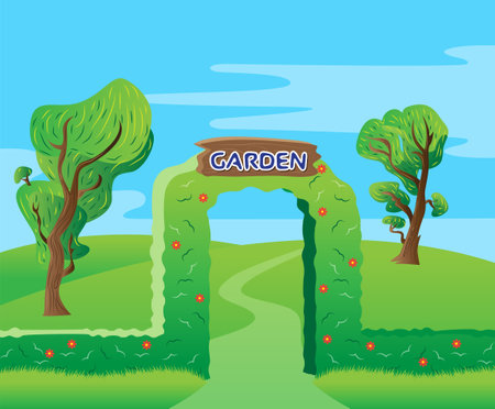 garden entrance gate green background, landscape royalty free vectorのイラスト素材