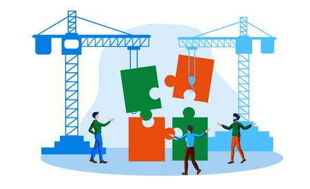 team solving jigsaw puzzle vector illustration conceptのイラスト素材