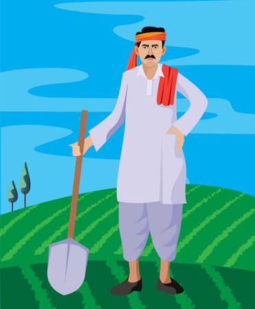 indian farmer standing in farm with shovelのイラスト素材