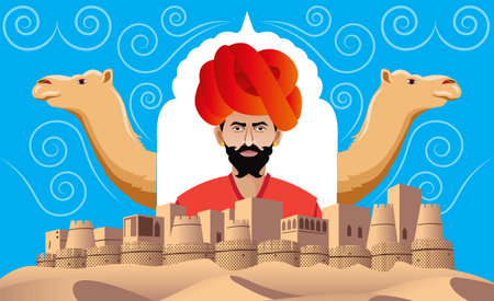 rajasthan fort with cultural man and camel collage design with decorative element vector illustrationのイラスト素材